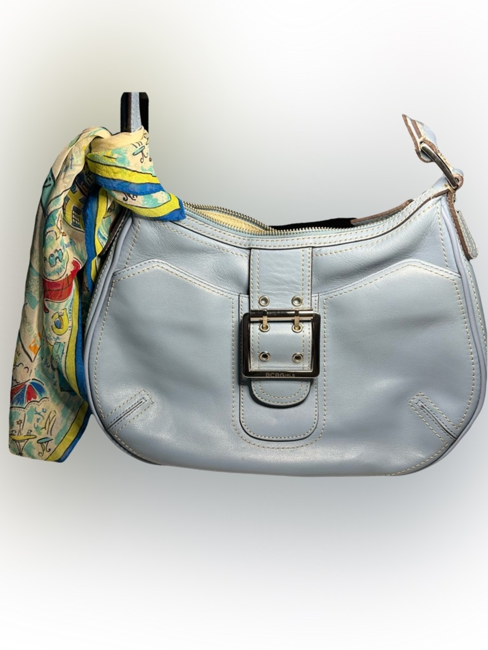 BCBG Light Blue Leather Shoulder Bag with Patterned Scarf